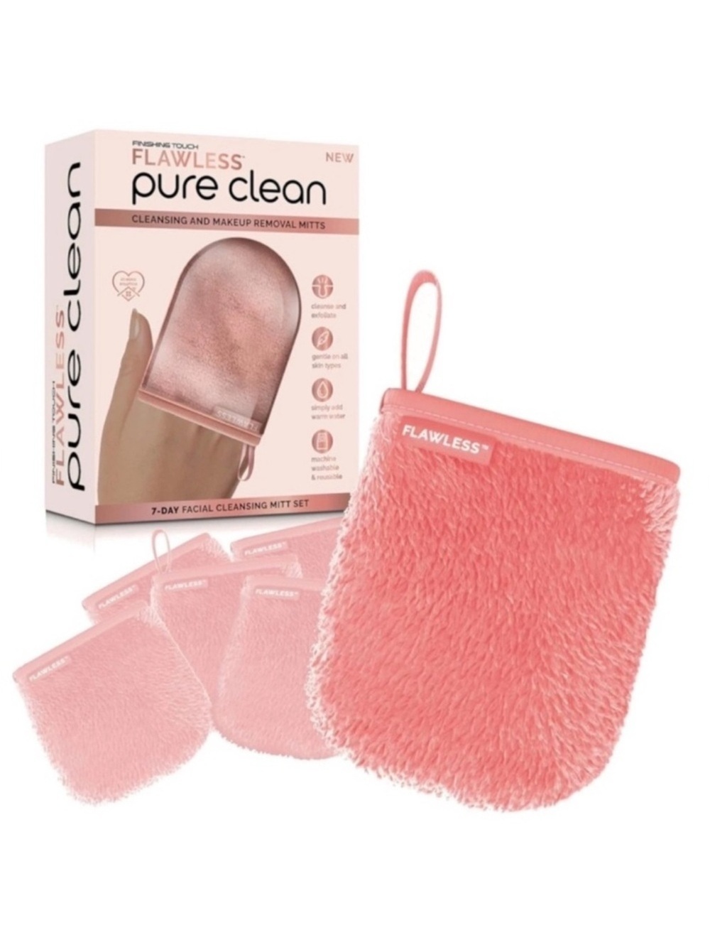 Finishing Touch Flawless Pure Clean Cleansing & Makeup Removal Mitts 7-Pack NEW